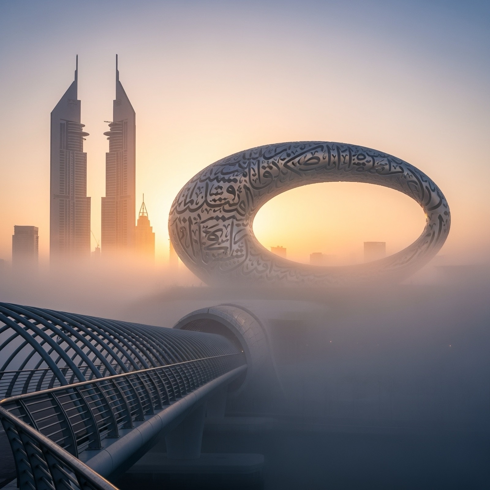 Museum of the Future und Emirates Towers in Dubai im Morgennebel