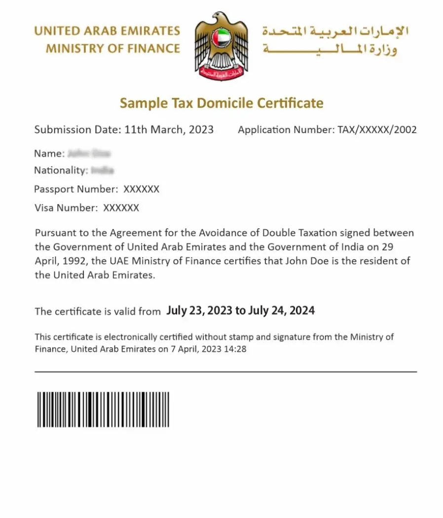 Muster eines Tax Domicile Certificate der VAE